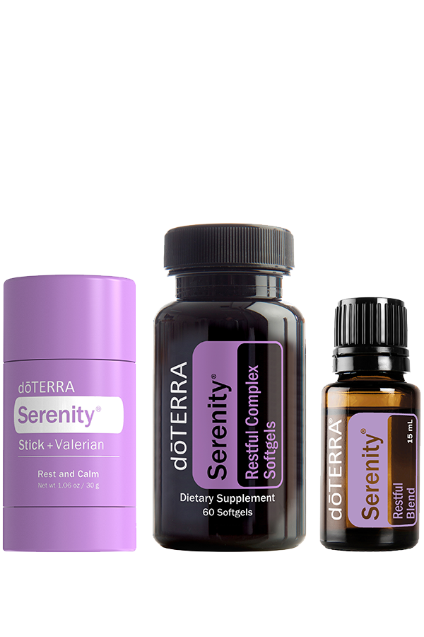 doTERRA Serenity Restful Blend essential oil, softgels, and roller